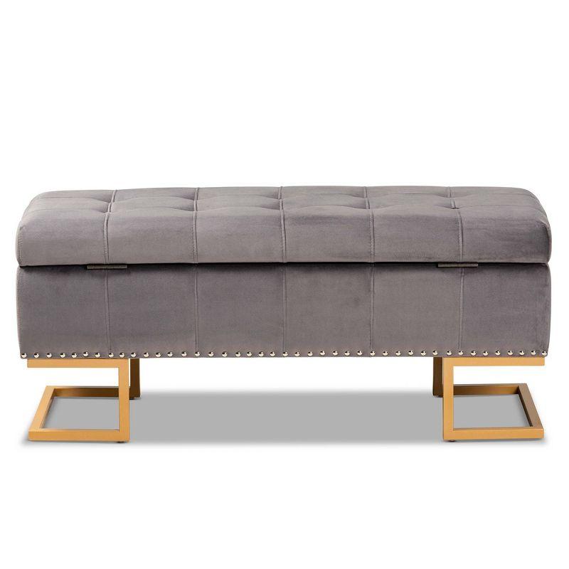 Ellery Grey Velvet Tufted Storage Ottoman with Gold Base