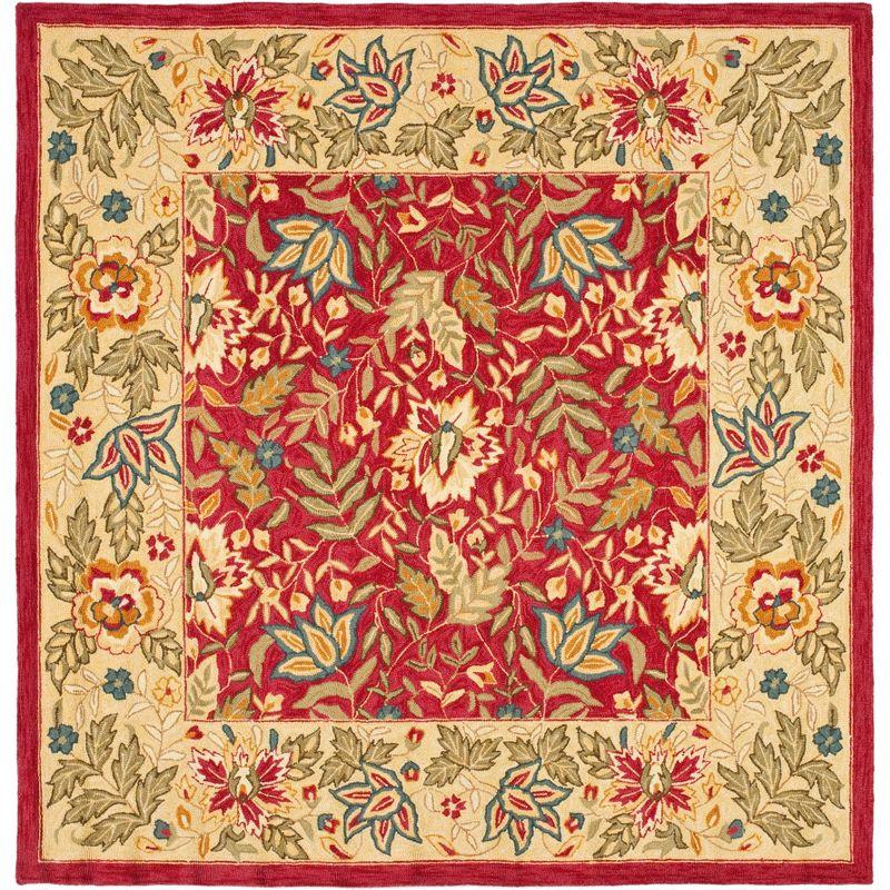 Handmade Red Floral Wool Square Area Rug, 6'