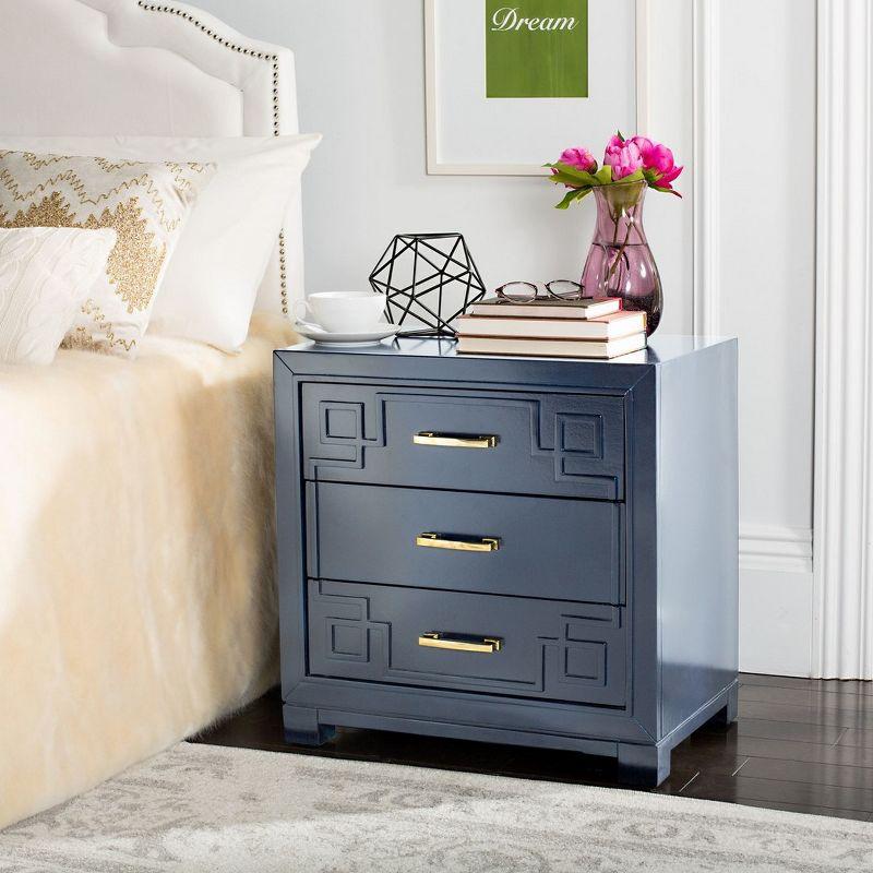 Raina 3 Drawer Greek Key Nightstand - Navy - Safavieh