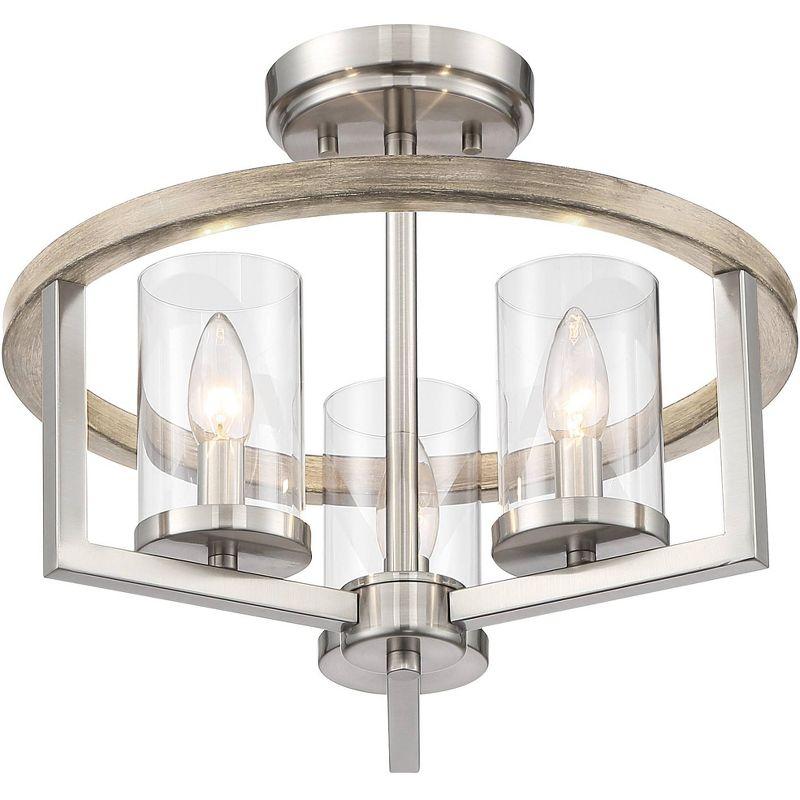 Possini Euro Design Senna Modern Industrial Ceiling Light Semi Flush Mount Fixture 15" Wide Brushed Nickel Gray Wood 3-Light Clear Glass for Bedroom