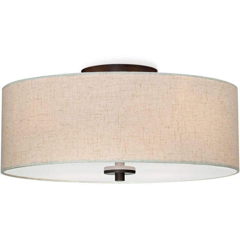 Regency Hill Sylvan Modern Ceiling Light Flush Mount Fixture 18" Wide Bronze 4-Light Oatmeal Fabric Drum Shade for Bedroom Kitchen Living Room Hallway