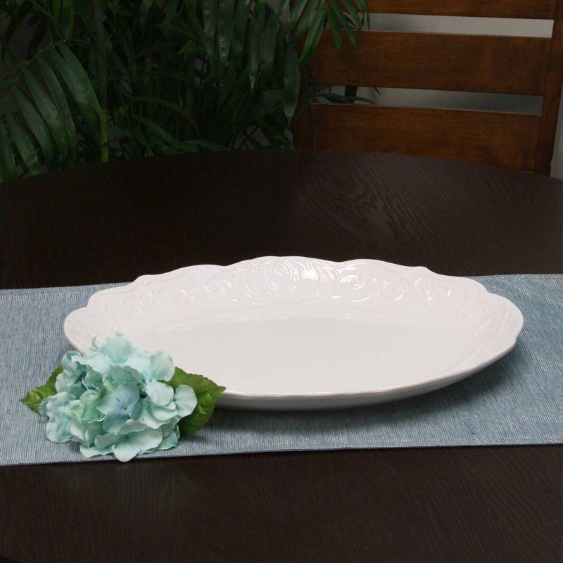 White Embossed Ceramic Oval Serving Platter, 20"