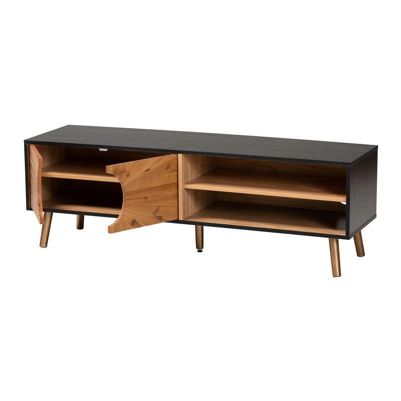 Modern Two-Tone Dark and Natural Brown Wood TV Stand with Cabinet