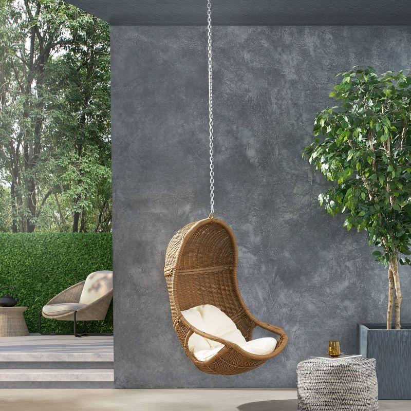 Orville Indoor/Outdoor Wicker Hanging Chair with 8' Chain - Light Brown/Beige - Christopher Knight Home: Polyester, Weather-Resistant