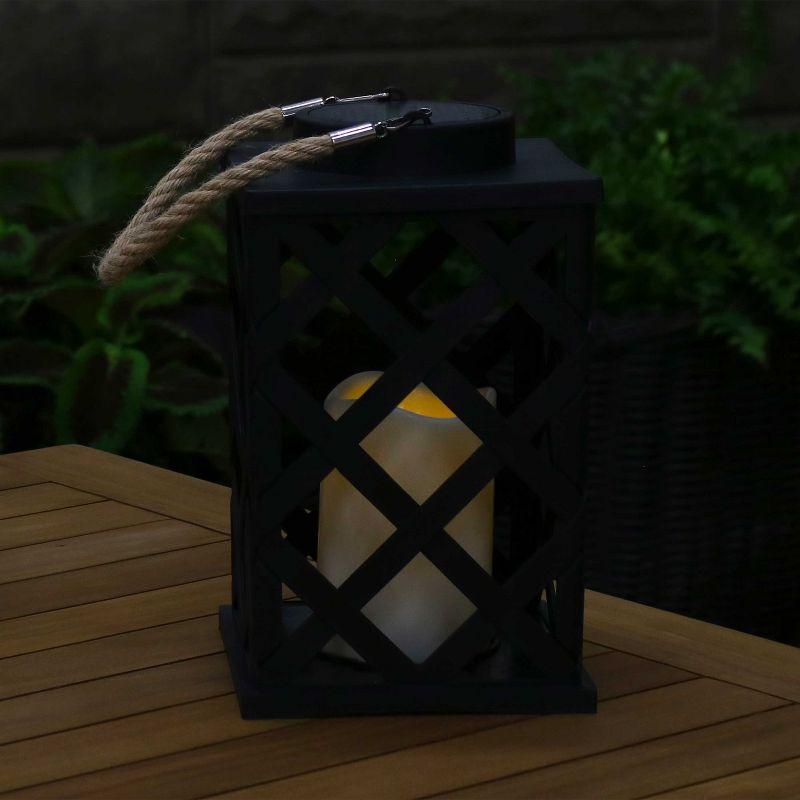 Sunnydaze Outdoor Modern Crosshatch Hanging Tabletop Solar LED Rustic Farmhouse Decorative Candle Lantern - 9"