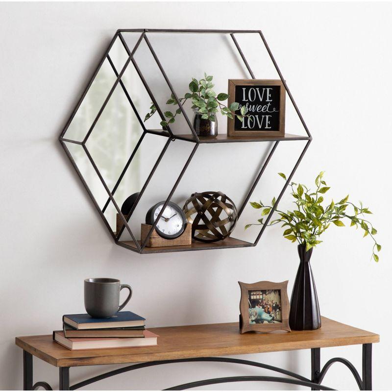 HexaShelf Rustic Brown Floating Hexagon Wall Shelf with Mirror