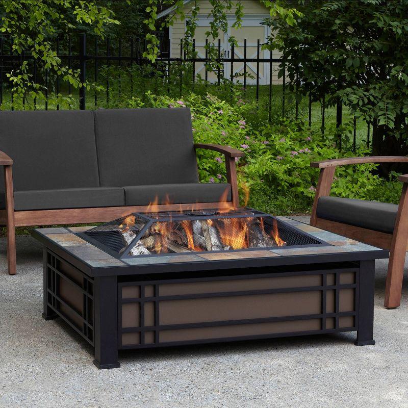 Hamilton Rectangle Wood Burning Fire Pit Brown - Real Flame: Slate Top, Mission Style Frame, Spark Screen & Cover