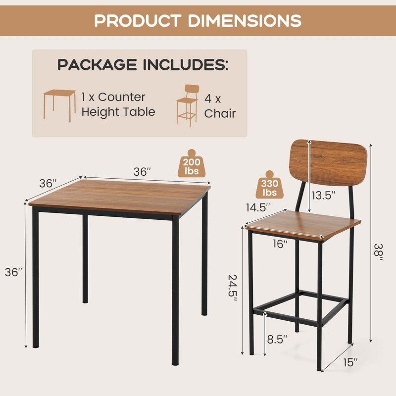 Costway 5-Piece Industrial Dining Table Set with Counter Height Table & 4 Bar Stools Black/Grey/Walnut