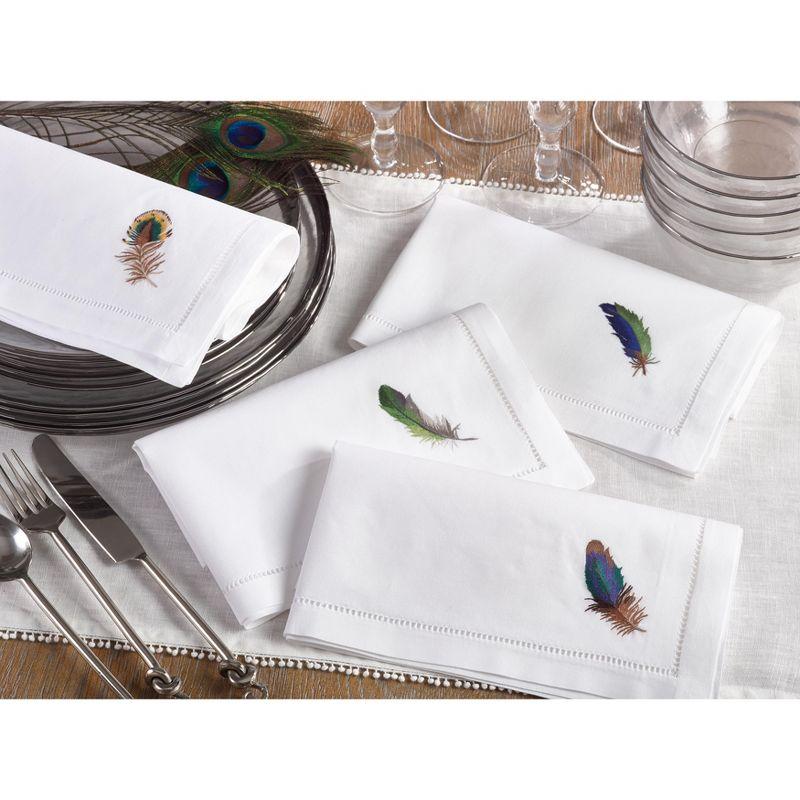 Saro Lifestyle Embroidered Blue Feather Design Hemstitched Trim Border Cotton Napkin (Set of 6), 20"x20", White