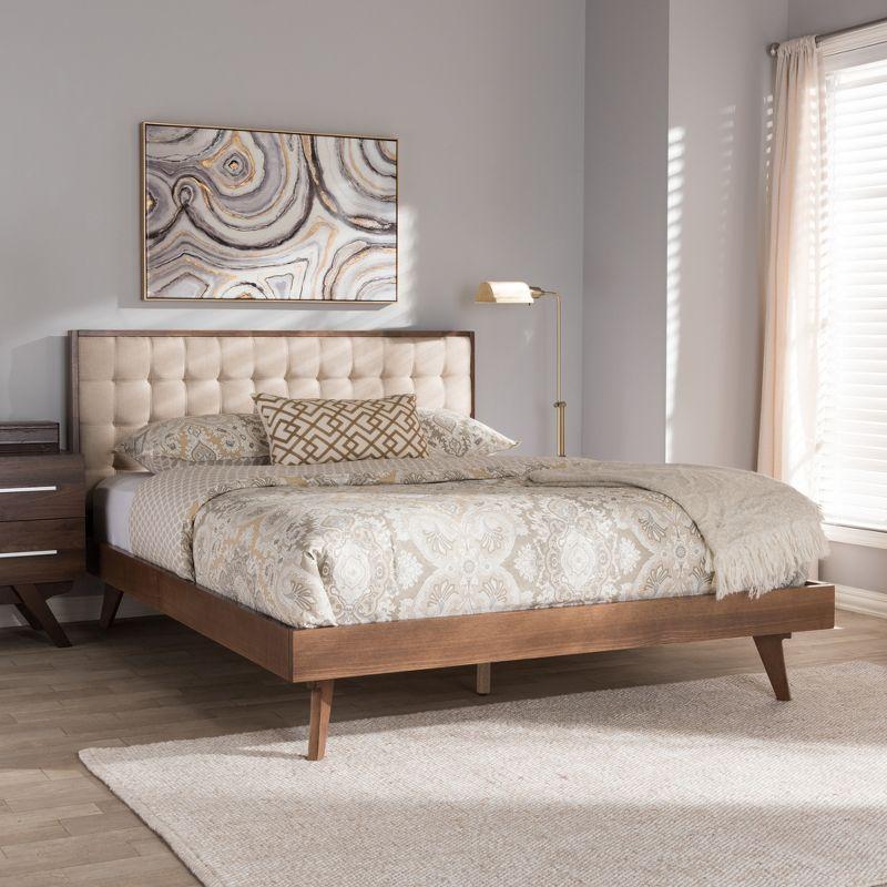 Soloman Mid-Century Modern Light Beige Linen & Walnut Wood Full Bed