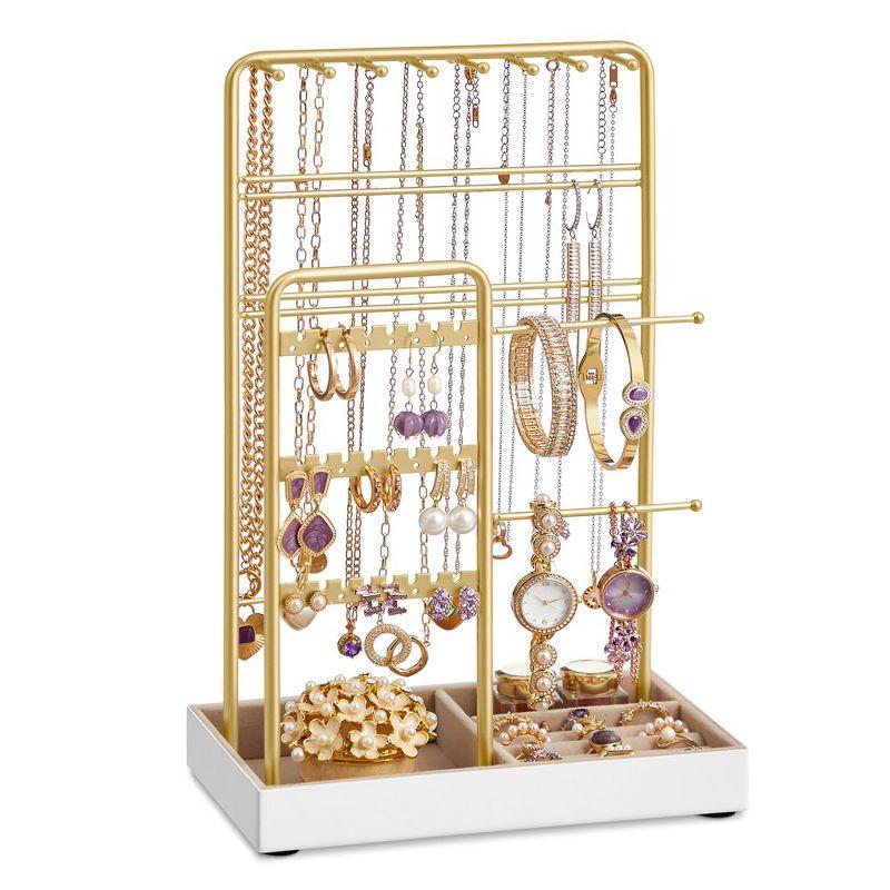 Jewelry Holder, Jewelry Organizer, Jewelry Display Stand with Metal Frame and Velvet Tray, Necklace Earring Bracelet Holder,Rings, Gold
