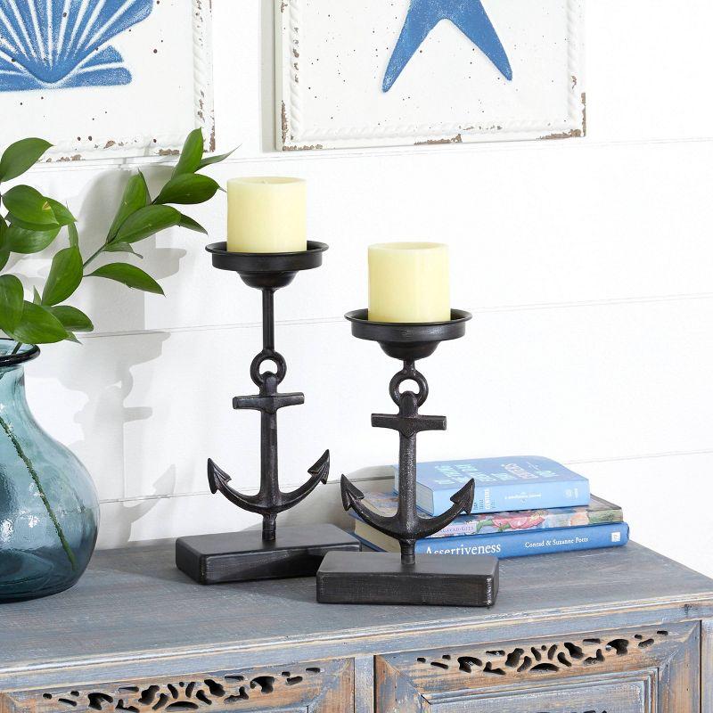 Olivia & May Set of 2 Metal Candle Holders with Ship Anchor Design - : Coastal Style Iron Pillar Candlestand Set