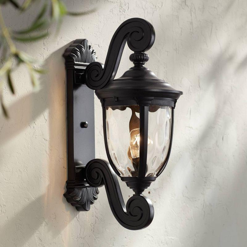 John Timberland Bellagio Vintage Outdoor Wall Light Fixture Texturized Black Dual Scroll Arm 24" Clear Hammered Glass for Post Exterior Barn Deck Home