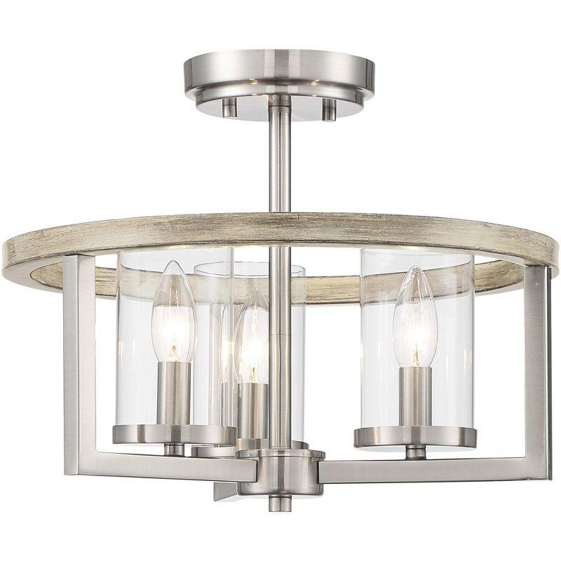 Possini Euro Design Senna Modern Industrial Ceiling Light Semi Flush Mount Fixture 15" Wide Brushed Nickel Gray Wood 3-Light Clear Glass for Bedroom