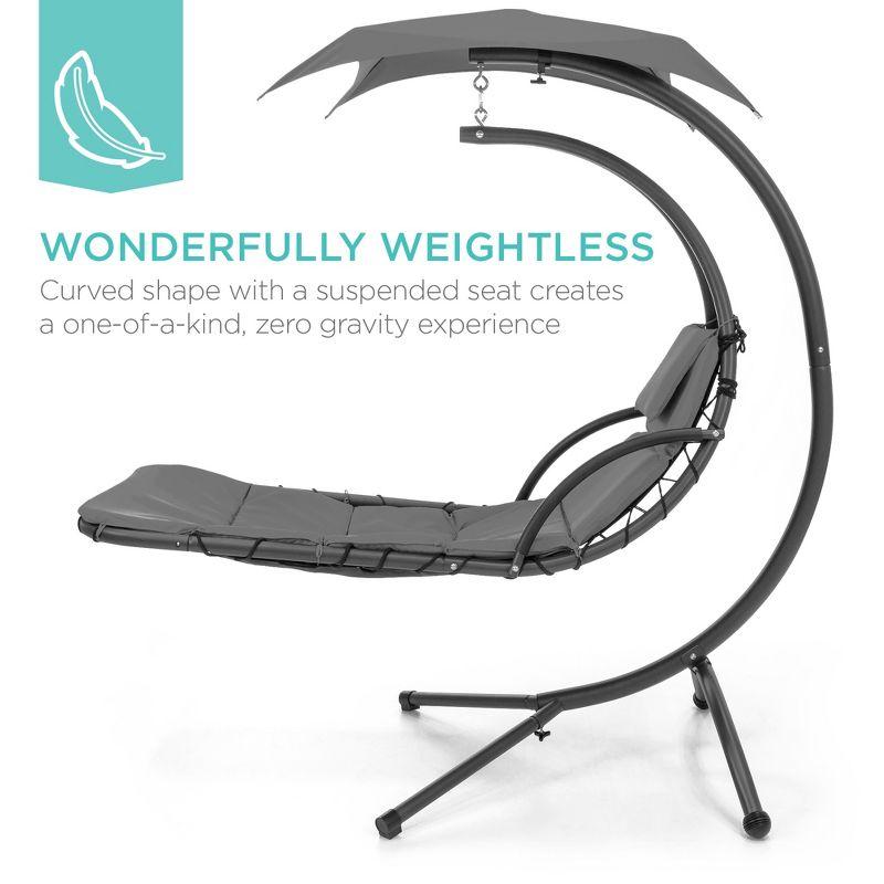 Charcoal Gray Outdoor Hanging Curved Chaise Lounge Chair with Canopy and Cushion
