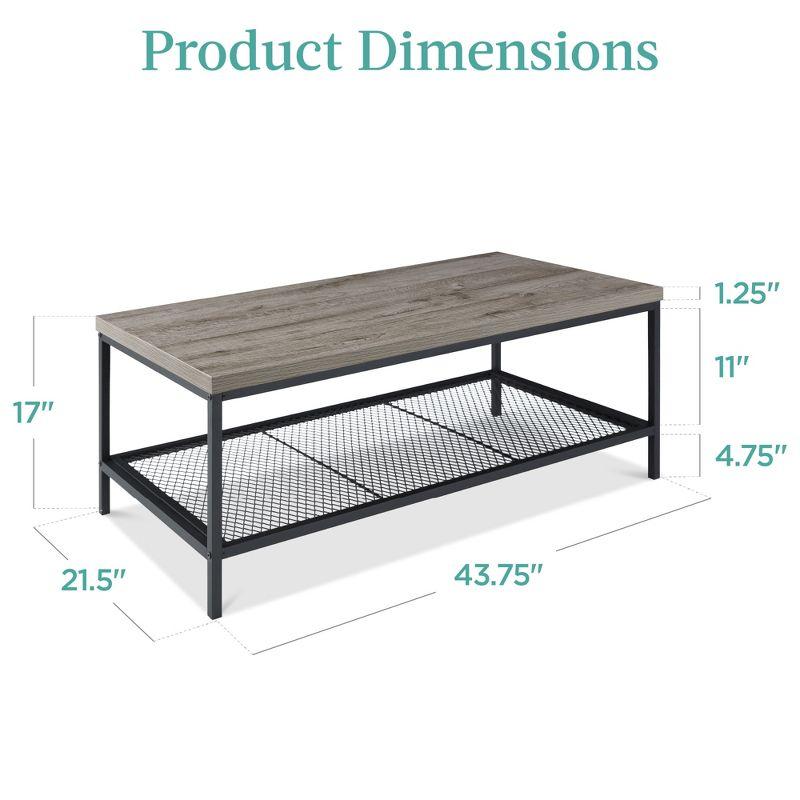 Modern Industrial Rectangular Wood and Metal Coffee Table with Mesh Shelf