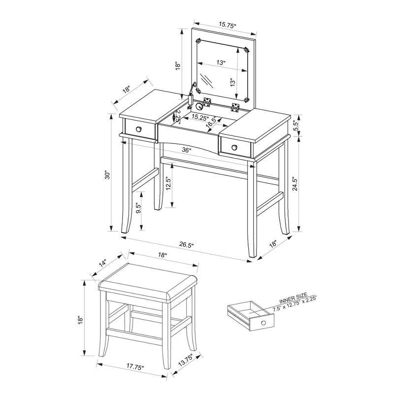 Jackson Traditional Wood Flip-up Mirror Vanity with Stool, Nickel Hardware - Linon