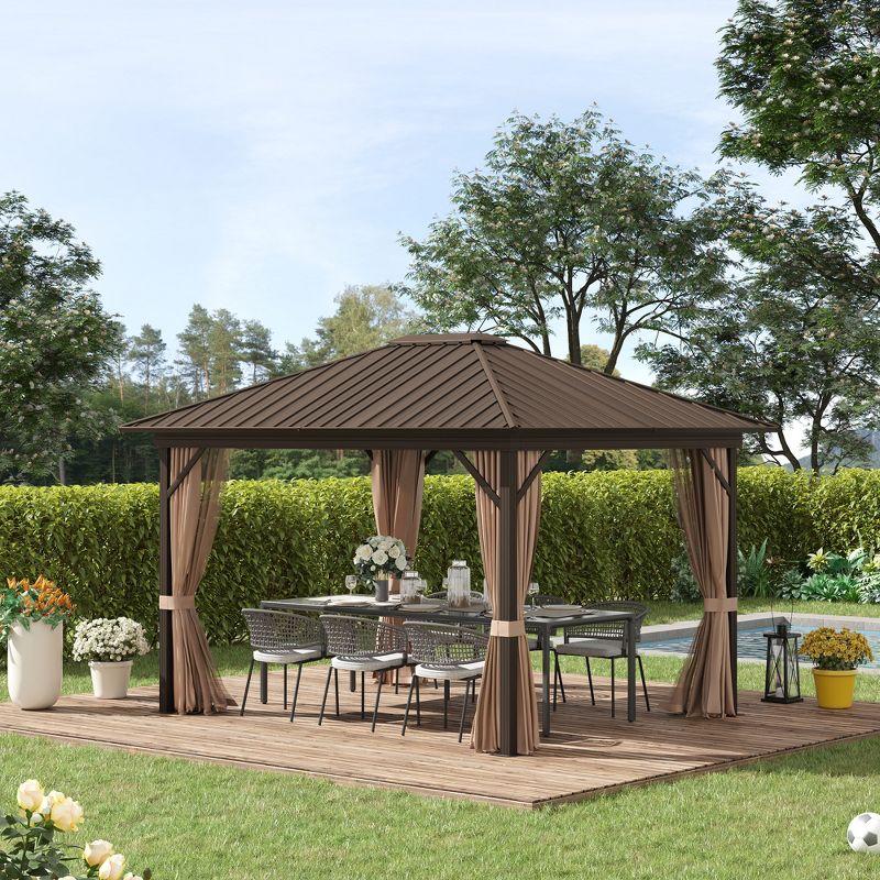 Outsunny 11.9" x 9.8" Hardtop Gazebo with Curtains and Netting, Permanent Pavilion Metal Roof Gazebo Canopy with Aluminum Frame and Top Hook