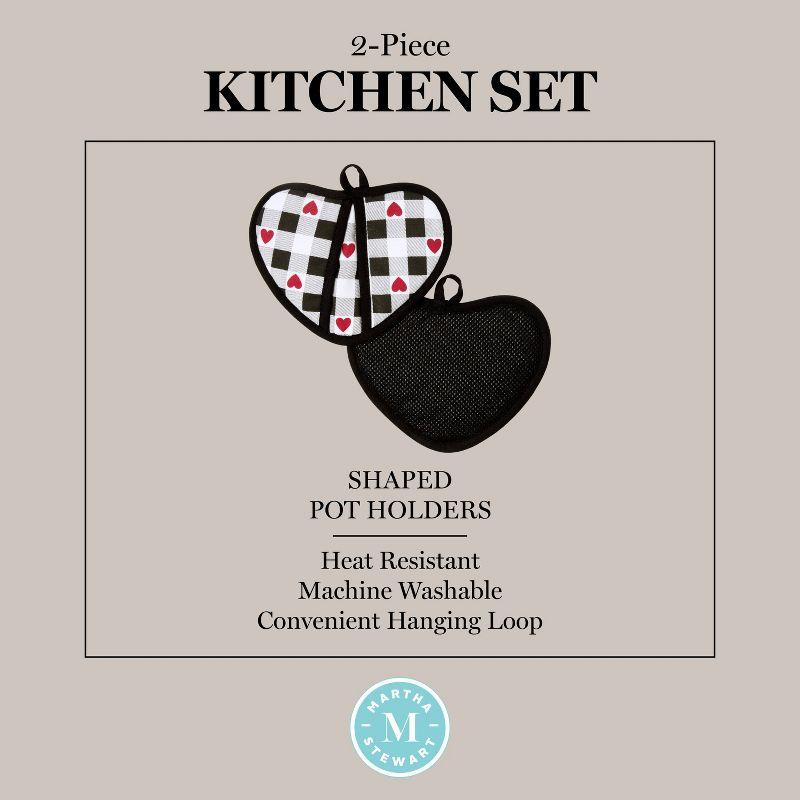 MARTHA STEWART Love Check Gingham Heart Shaped Pot Holder 2-Pack Set, 100% Cotton, Heat Resistant with Flexible Silicone Grip, Valentine’s Day Décor, Black/White/Red, 7”x8.5” (Set of 2)