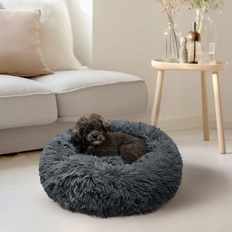 PetAmi Calming Dog Bed for Puppy Cat Kitten, Round Washable Pet Bed, Anti Anxiety Cuddler, Fluffy Plush Circular Donut Bed (Gray, Medium - 30")