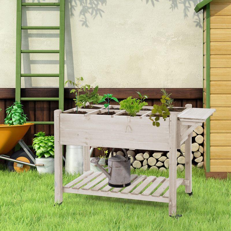 Elevated Natural Wood Garden Bed with Wheels and Storage Shelf