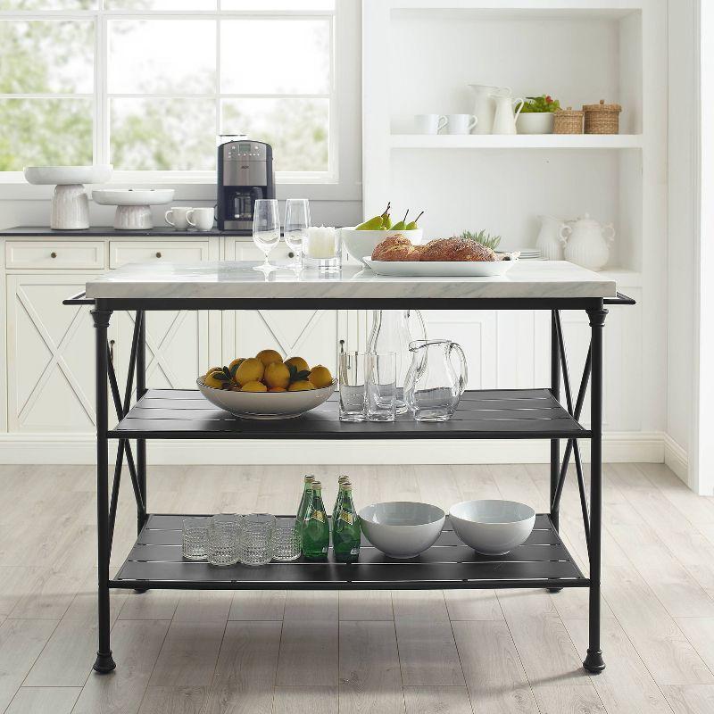 Crosley Madeleine Kitchen Island Matte Black: French Industrial Style, Steel Base, Open Storage Shelves, Towel Bars