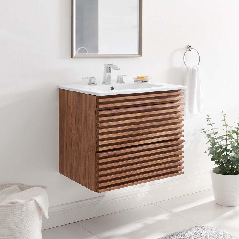 Modway Render 24" Wall-Mount Bathroom Vanity – Mid-Century Modern Floating Sink Cabinet in Walnut and White Finish