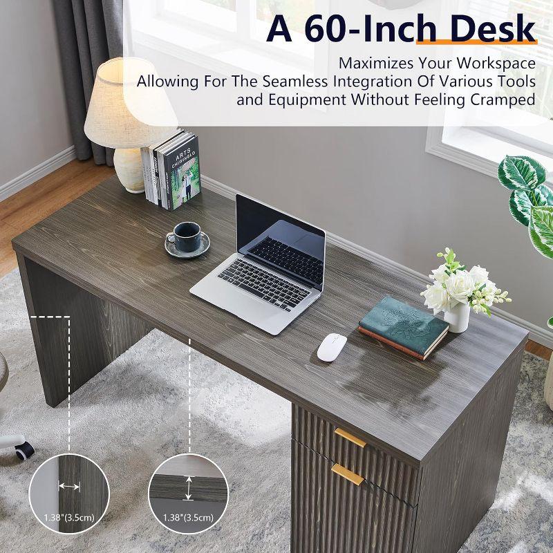 60" Modern Desk with Drawer & Cabinet, Fluted Computer Writing Desk for Living Room, Bedroom, Gray