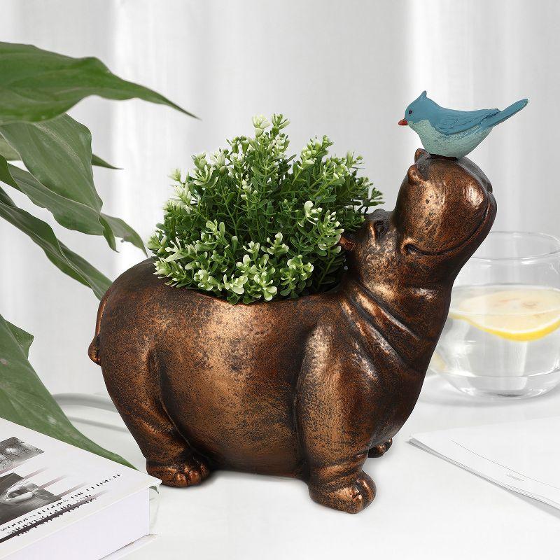 LuxenHome Brown Hippo and Blue Bird MgO Flower Pot Planter