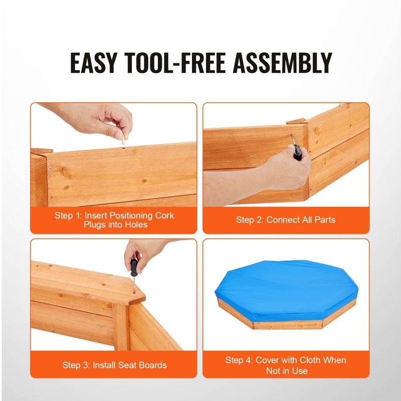 VEVOR Wooden Sandbox with Cover, 75.6 x 75.6 x 9.1 in Octagonal Sand Box, Sand Pit with 4 Seating and Bottom Liner