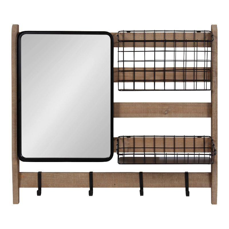 Rustic Brown Wall Organizer with Mirror and Hooks