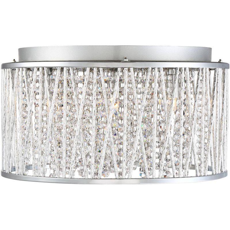 Possini Euro Design Modern Ceiling Light Flush Mount Fixture 16" Wide Chrome Woven Laser Cut Clear Crystal Beaded Strands for Bedroom Kitchen Hallway