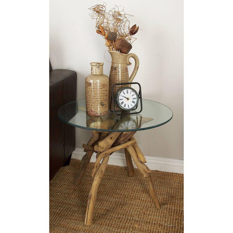 Log and Glass Round Accent Table Tan - Olivia & May: Handmade, No Assembly, Indoor Use