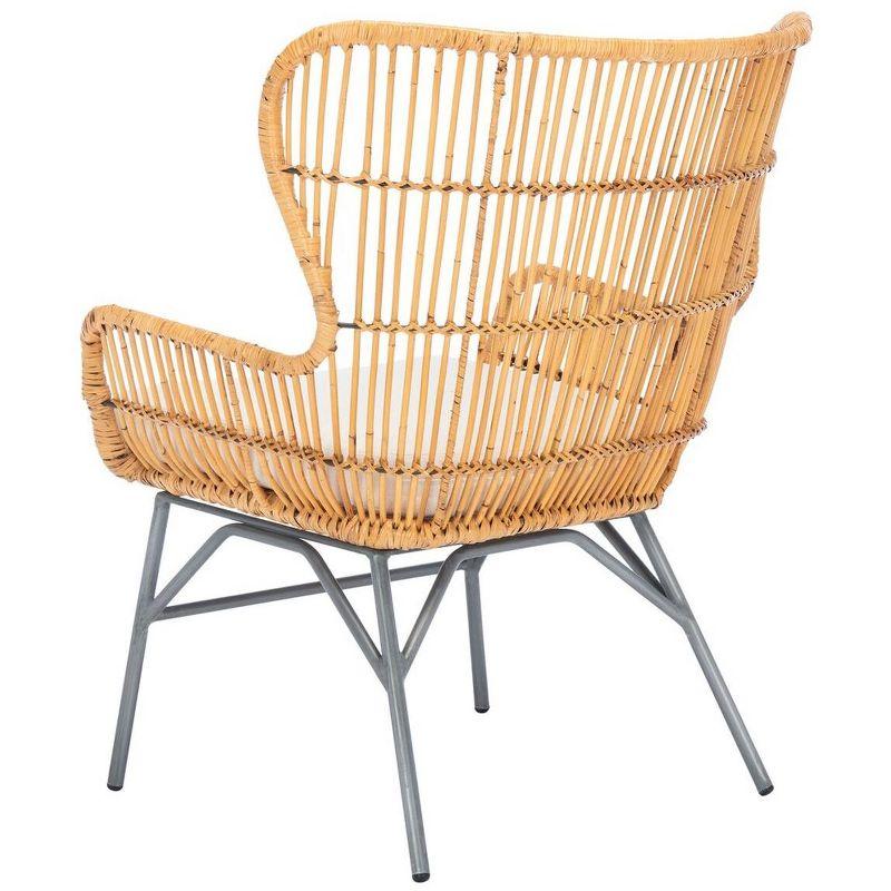 Coastal Bohemian Natural Rattan Fanback Accent Chair with White Cushion