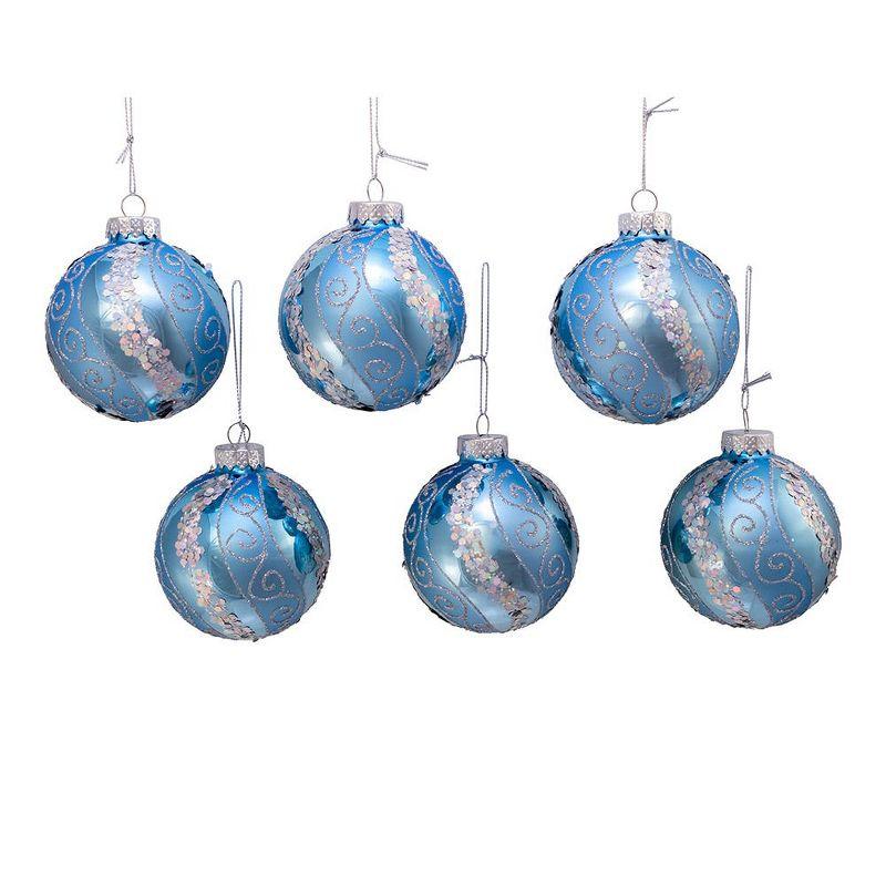 80MM Silver Blue Sequin Glass Ball Ornaments Set of 6