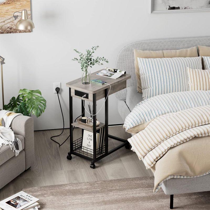 C-Shaped Side Table with Charging Station, Flip Top End Table with USB Ports and Outlets