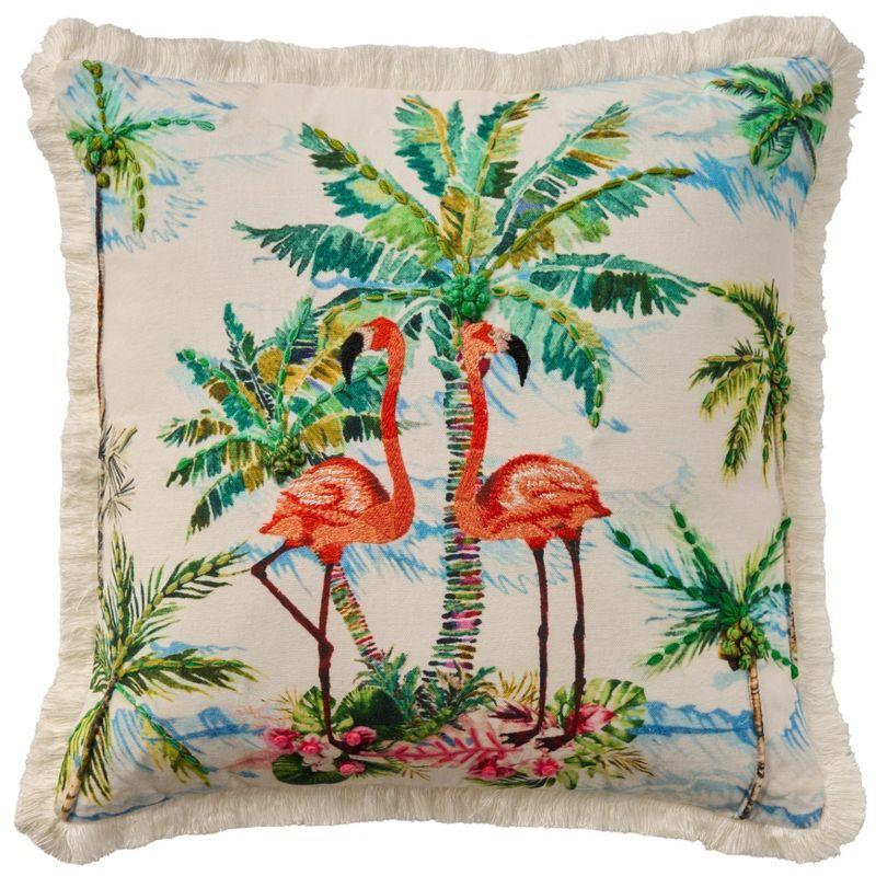 Tropical Flamingos and Palm Trees Multicolor Cotton Throw Pillow