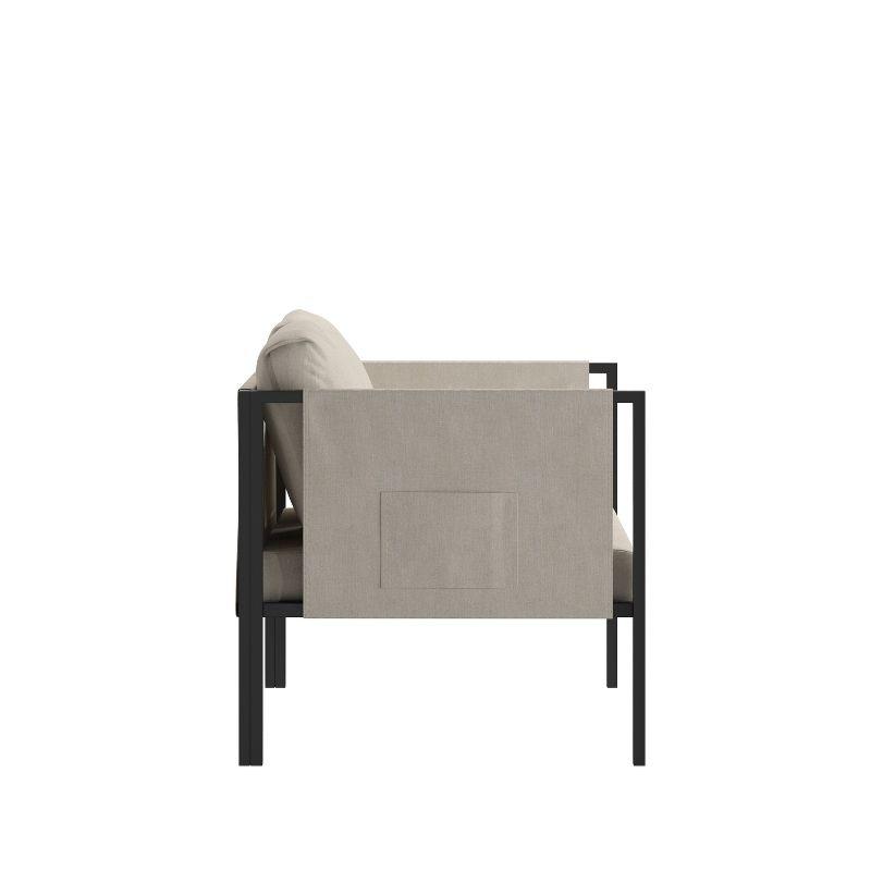 Sophisticated Steel Frame Outdoor Loveseat with Light Gray Cushions and Storage