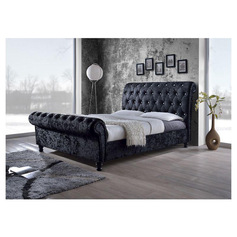 King Castello Velvet Upholstered Faux Crystal Buttoned Sleigh Platform Bed Black - Baxton Studio: Elegant Rubberwood Frame, No Box Spring Needed