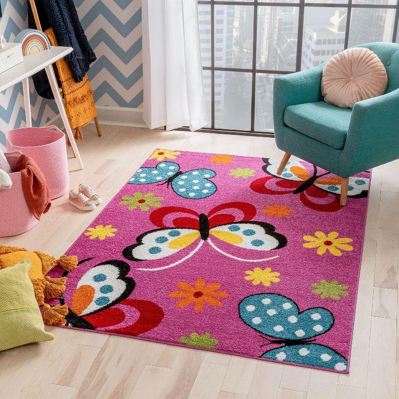 Well Woven Modern Daisy Butterflies Bright Kids Room Carpet Soft Durable 3'3" x 5' Pink Area Rug