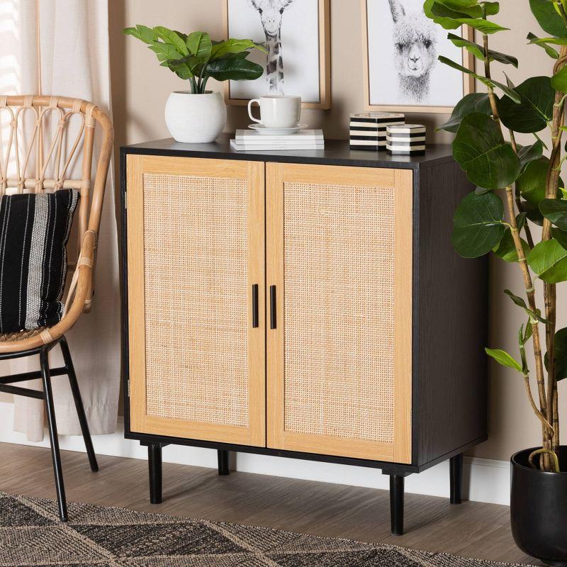 Baxton Studio Maureen Wood and Rattan 2 Door Storage Cabinet Espresso/Natural Brown : Bohemian Style, Particle Board Frame, 2 Shelves