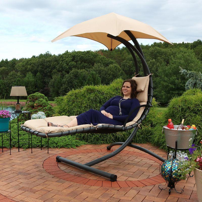 Beige Hanging Chaise Lounge Chair with Canopy and Cushions