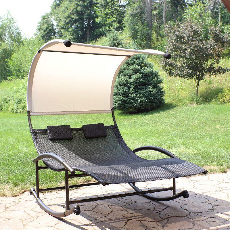 Sunnydaze Outdoor Double Chaise Lounge Bed with Canopy Shade and Headrest Pillows, Black