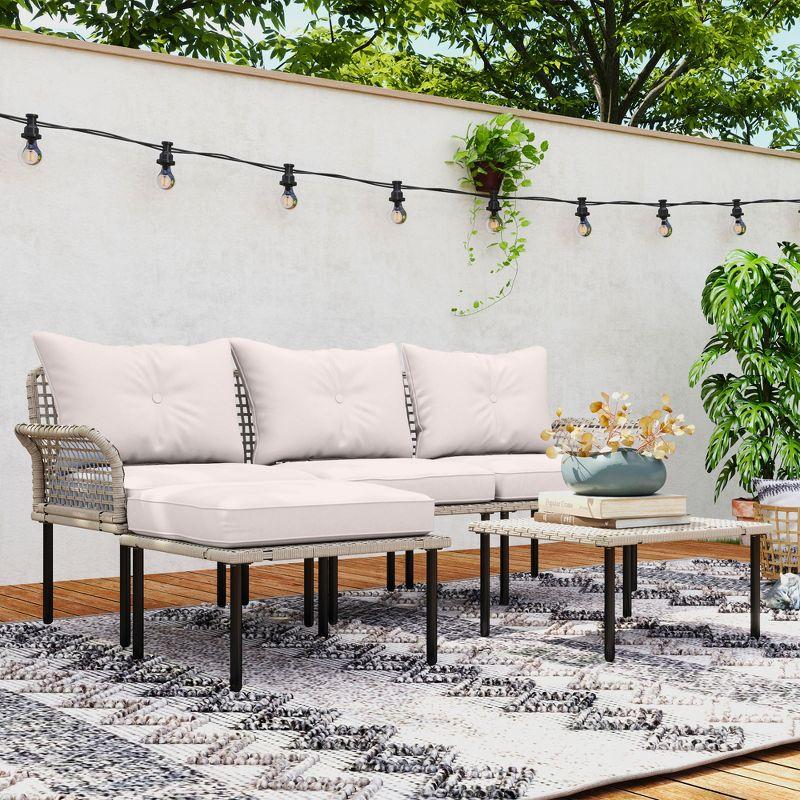 Outsunny 5 Pieces Patio Furniture Set with Cushions, Sofa, Chaise Lounge, Stool, Coffee Table