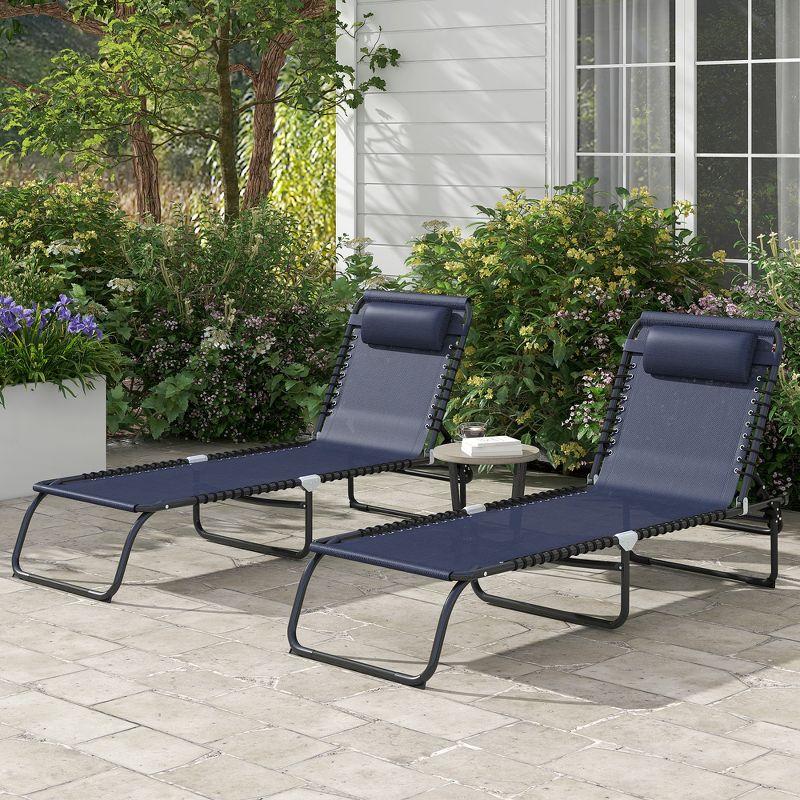 Dark Blue Folding Chaise Lounge Set with Mesh and Steel Frame