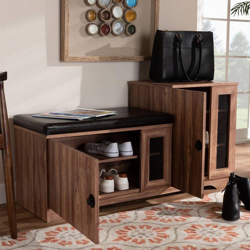 2 Door Valina Faux Leather Wood Shoe Storage Bench with Cabinet Brown - Baxton Studio: Engineered Oak Finish, 5 Shelves