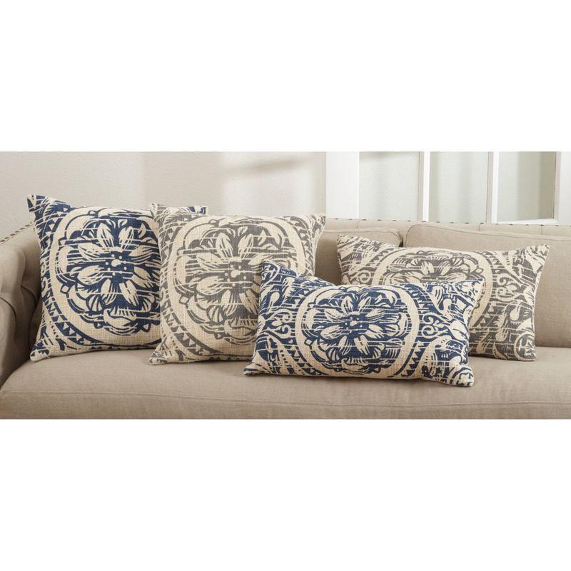 Navy and Beige Floral Distressed Cotton Lumbar Pillow