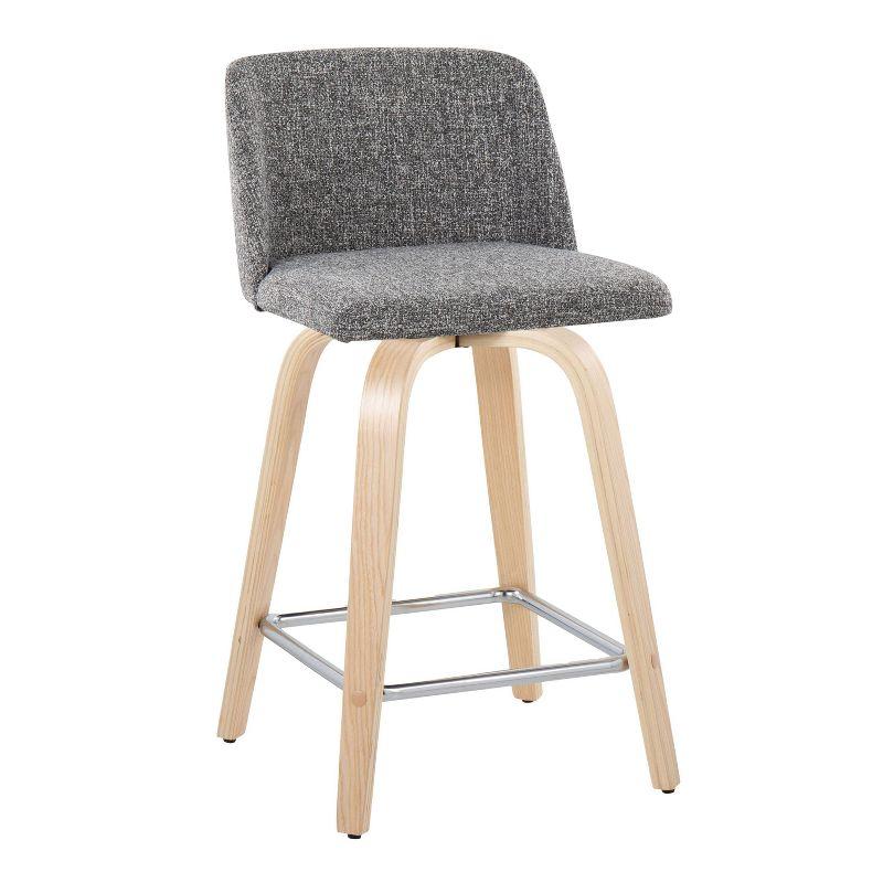 Gray and Natural Wood Swivel Counter Stool with Chrome Footrest