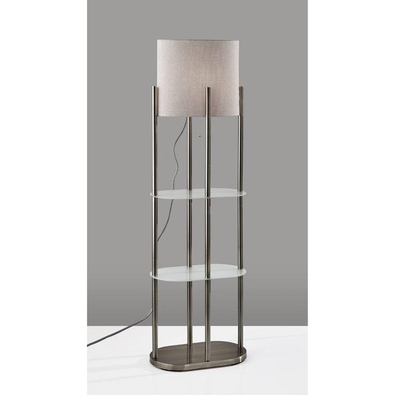 Brushed Steel Floor Lamp with Gray White Shade and Shelves