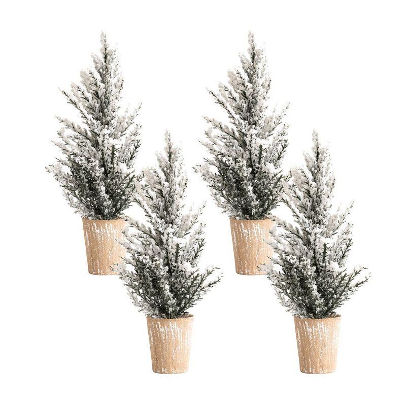 Set of 4 Snowy Potted Pine Trees with Plastic Pots